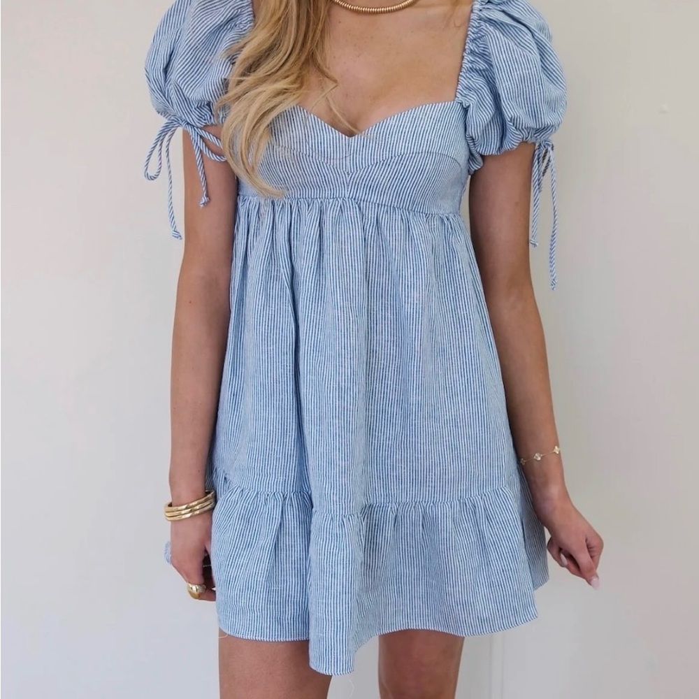 Blue Striped Puff Sleeve Dress